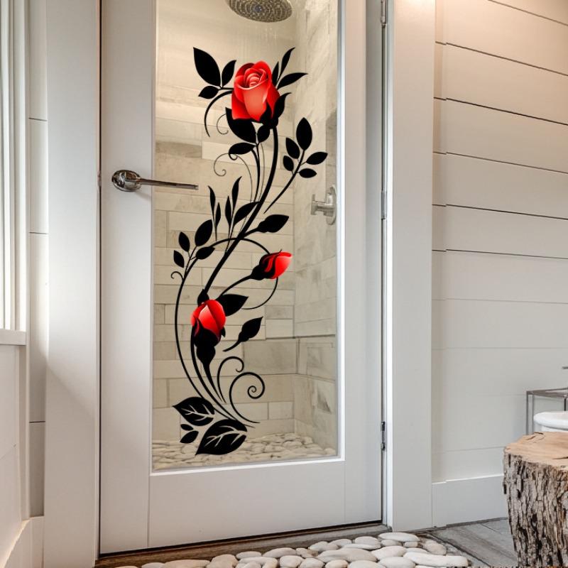 Rote Rosenranken Glasaufkleber für volltransparente Badezimmer, Romantische Dekorative Aufkleber