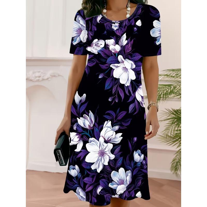 Women's Bohemian Floral 3D Print A-Line Dress with Short Sleeves Vibrant Multicolor Flower Pattern Female Clothing Casual Dress