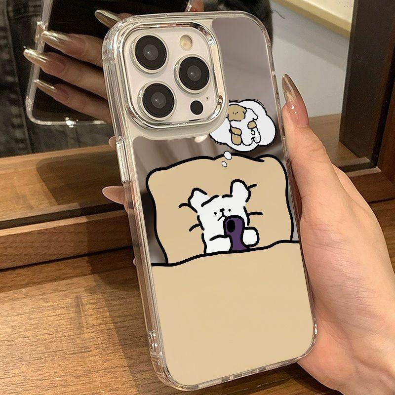 Makeup Mirror Phone Case For IPhone 17 17E 16E 17 Air 16 15 14 13 12 11 ProMax Plus Chiffon Texture Back Cover Creative Cat Dog