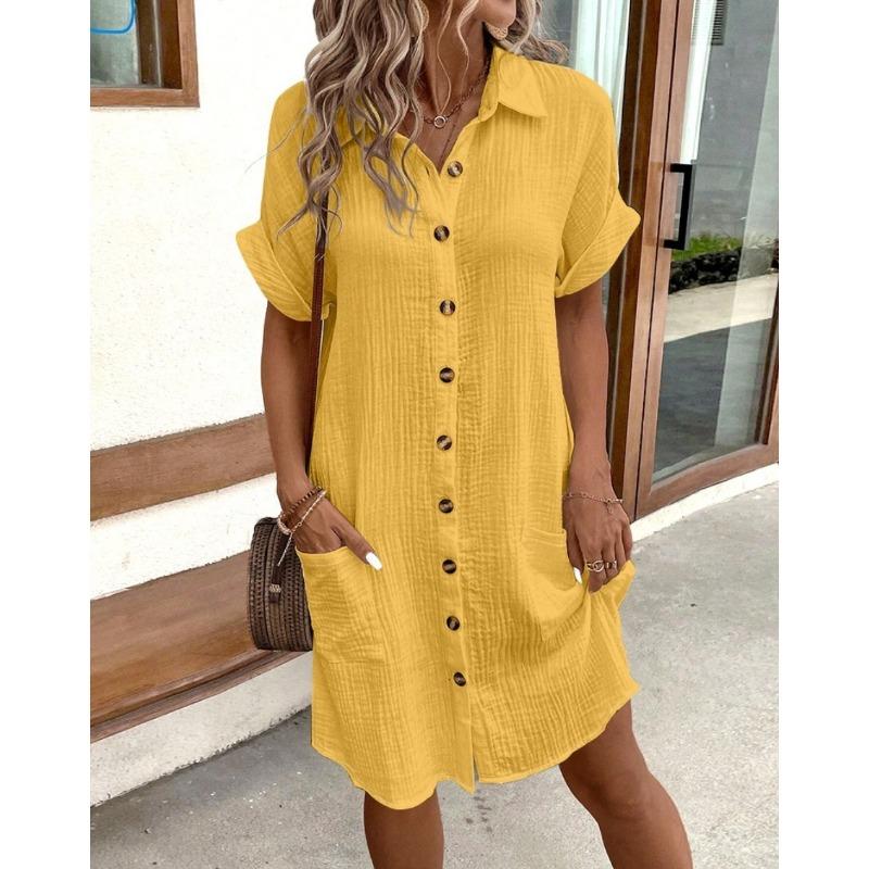 Summer Minimalist V-neck Button Up Dress for Women