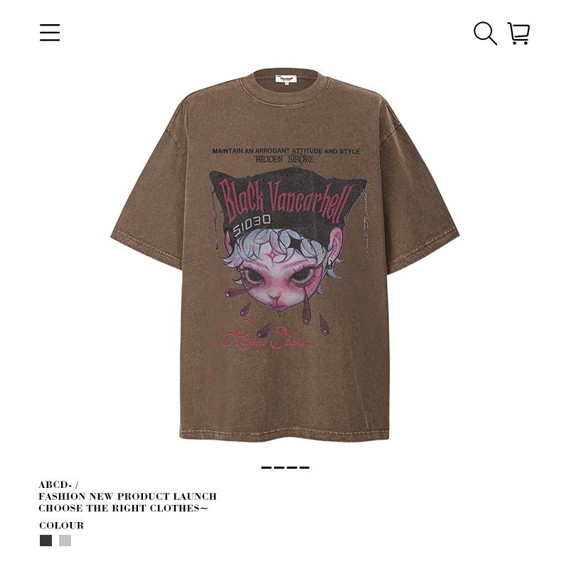 Ve Fun Top Printed Short Sleeve Loose Casual Cartoon T-Shirt High Street O Couple Character Rsize Male Tide