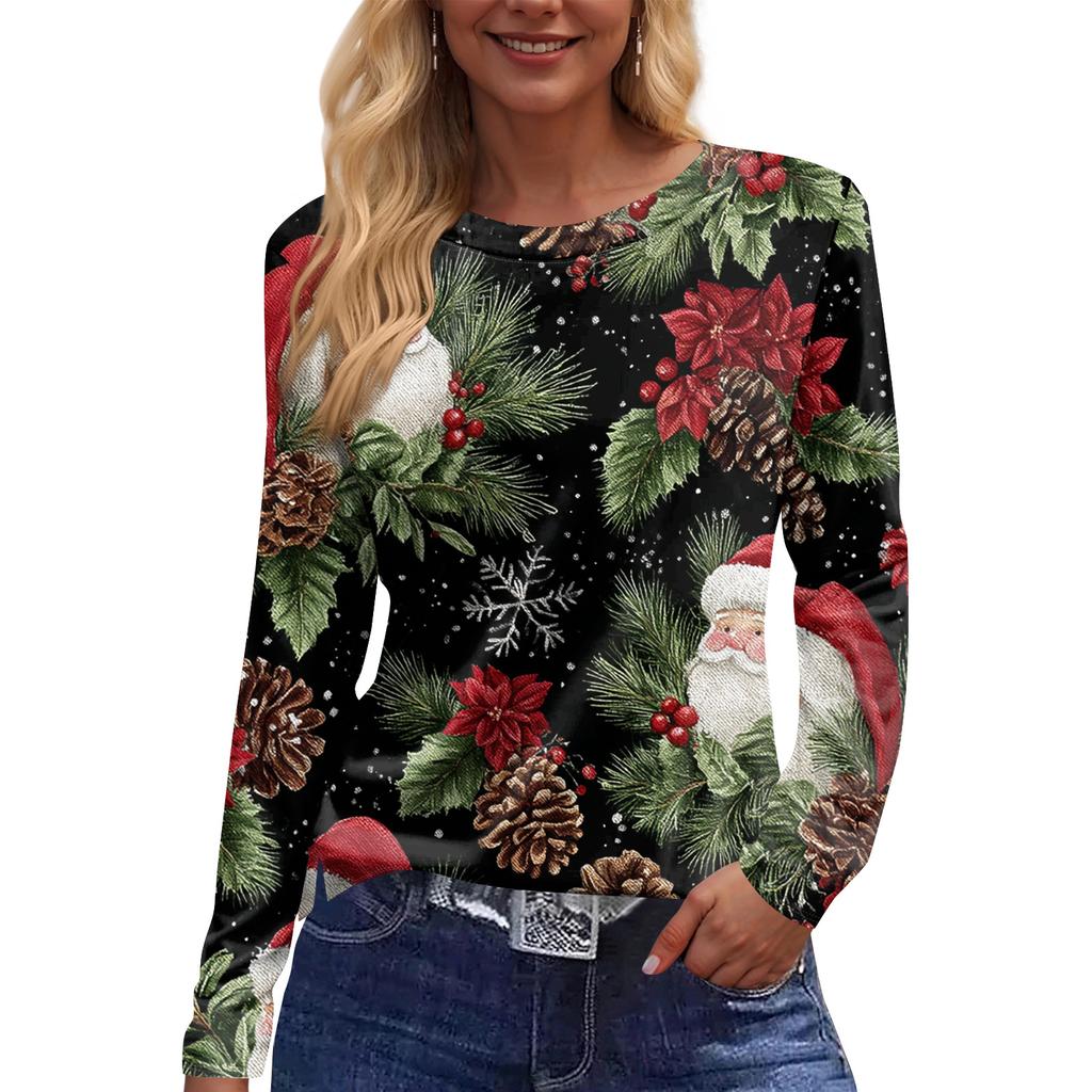 Women's Fashion Casual Slit Hem Round Neck Long Sleeve Loose  Printed T-Shirt Ladies Top
