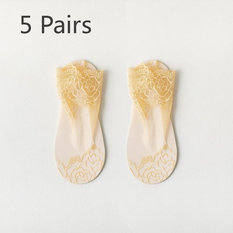 5 Pairs Summer Hollowed-out Lace Invisible Boat Socks with Women's Shallow Cut Non-slip Socks
