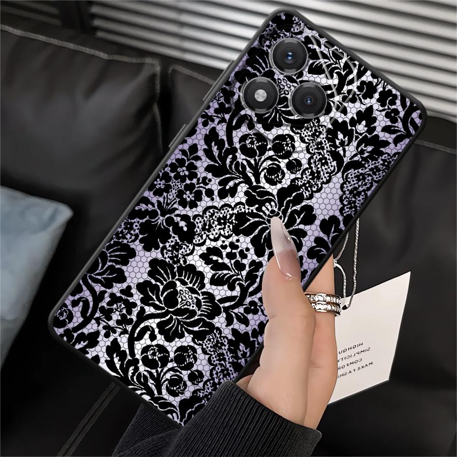 Custodia Cover per Telefono per Honor 8X X9a X5b X7 70 90 X8 200 400 Lite X6 Magic5Lite Fiori di Pizzo Nero