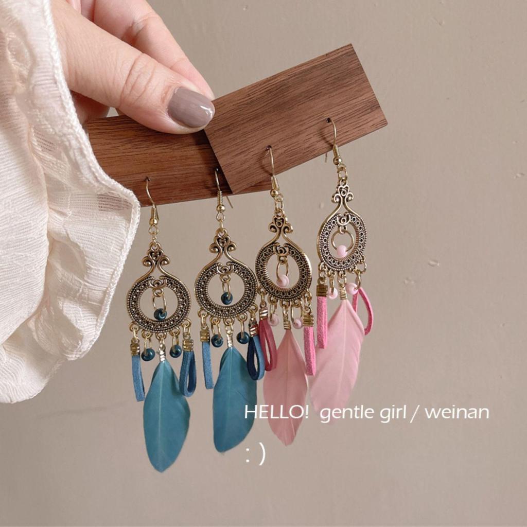 Bohemian Faux Silver Feather Tassel Mosquito Coil Earrings: Summer Retro Ethnic Ear Jewelry