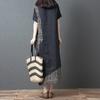 Sommer Neues Literarisches Lockeres Splicing Druck Baumwolle und Leinen Rundhals Kurzarmkleid Damen Mittel und Lang