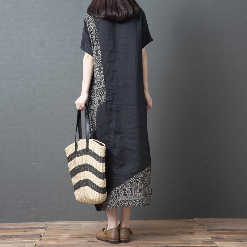 Vară Nou Literar Larg Îmbinare Imprimeu Bumbac și In Gât Rotund Mânecă Scurtă Rochie Femei Medie și Lungă