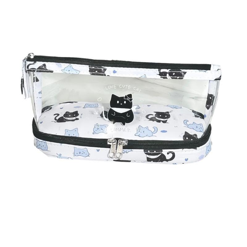 Cute Cartoon Transparent Pen Bag Cat/Capybara Double-layer Pencil Case Portable Multifunctional Student Stationery Storage Bag
