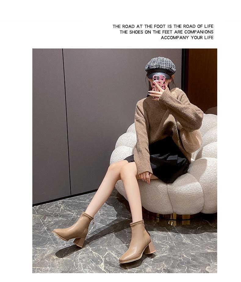 Women's Soft Leather Chunky Heel Square Toe Ankle Boots with Velvet, Autumn-Winter Versatile Slimming Style.