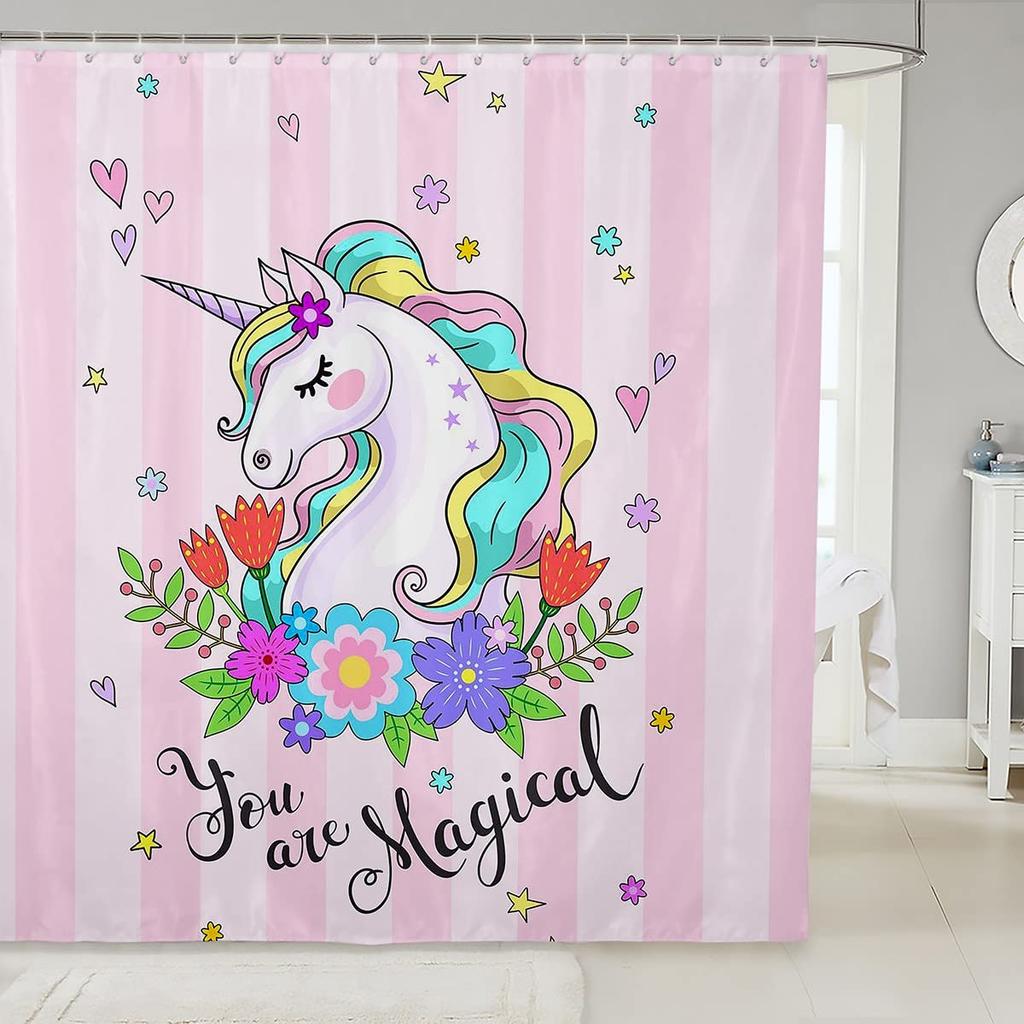 Gradient Purple Shower Curtain, Rainbow Unicorn Bath  Glitter Stars, Waterproof Curtains, Dreaming Cartoon Bathroom Deco