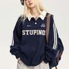 Vintage College Waffle American Style Polo Collar Hoodie Women Loose Casual Couple Stripe Raglan Sleeve Top