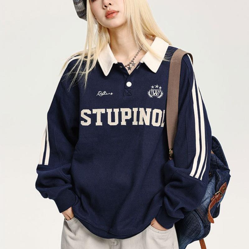 Vintage College Waffle American Style Polo Collar Hoodie Women Loose Casual Couple Stripe Raglan Sleeve Top