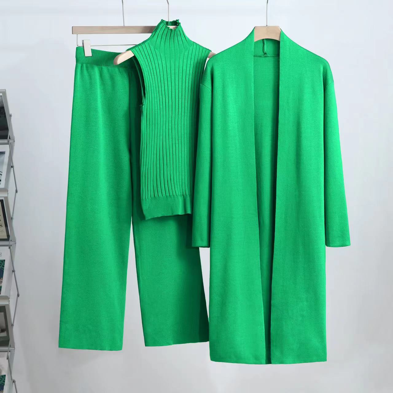 

Зимний женский вязаный свитер, брюки-тройка, свободная блузка, рубашка, свитер и широкие брюки с высокой талией, винтажный повседневный комплект из трех предметов One size