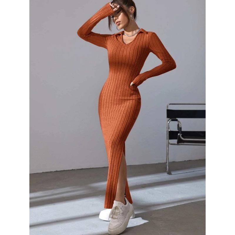 YYFS Women's Fashion Spring Fall Solid Color Print Long Sleeve POLO Neck High Waist Casual Dresses