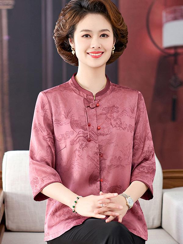 Elderly Women s Chinese-Style Summer Tang Suit: Seven-Sleeve Stand-Collar Shirt 2XL (suitable for 120-135 lbs) розы красного