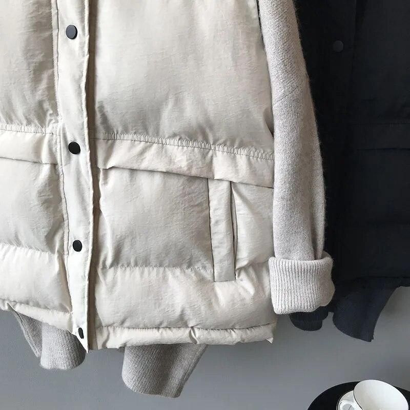 Off White Daunen-Baumwollweste für Damen, kurz, Stehkragen, ärmellos, warm, locker, einfarbig, einfach, lässig, Pendeln, Herbst und Winter