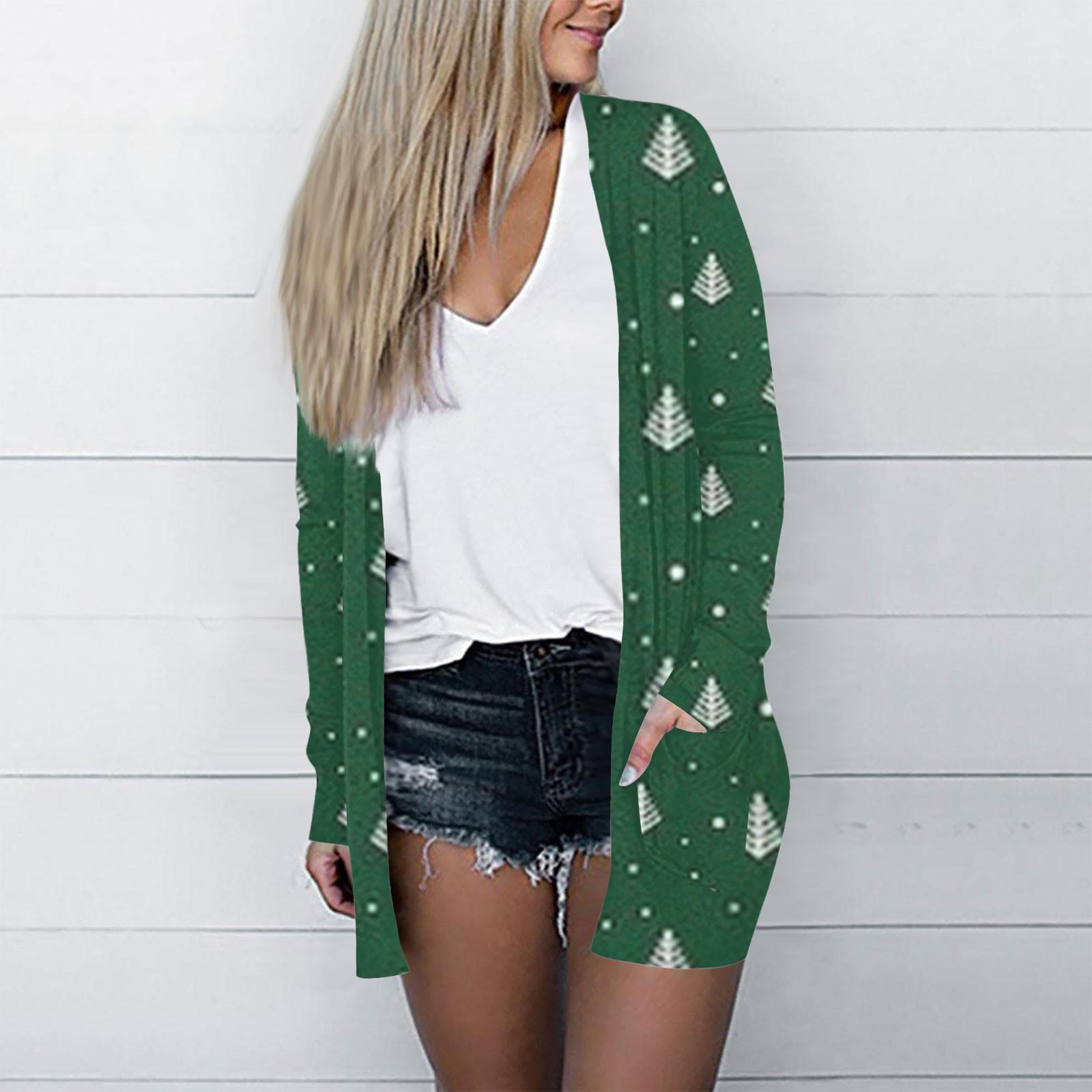 

Рождественская женская модная повседневная куртка-кардиган средней длины с длинным рукавом и принтом S темно-зеленого