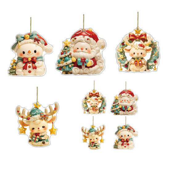 Christmas Car Charm 2D Acrylic Keychain Santa Reindeer Car Mirror Hanging Ornament Festive Decor for Home Tree