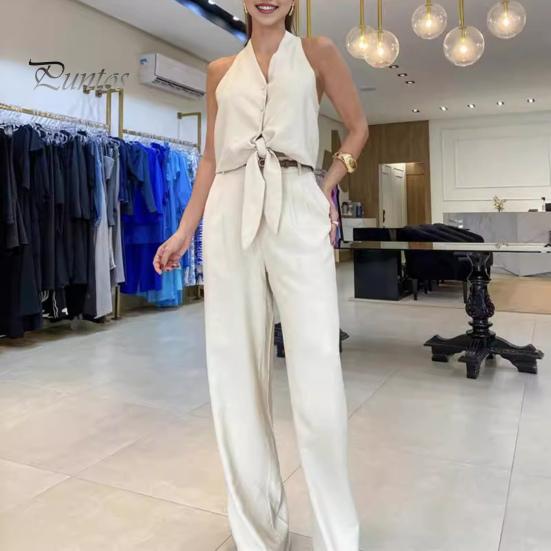 

2 шт./компл., женский топ и брюки, комплект, формальный деловой наряд, однобортный жилет без рукавов с бретелькой на шее, широкие брюки с высокой талией, однотонные брюки для женщин M бежевый