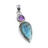 Natural Labradorite,Amethyst Gemstone 925 Solid Silver Gift Pendant 1.75" E1i62