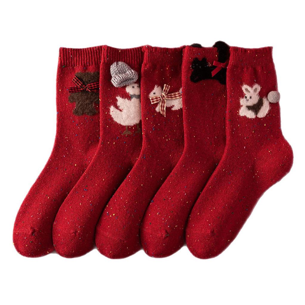 Red Socks Women'S Wool Thickened Warm Ideas Yarn Tube Socks Winter Thick Line Natal Year Big Red Stockings