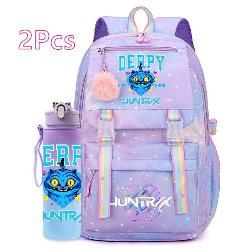 2Pcs/set New Anime Kpop Printed Backpack with 750Ml Water Bottler Large Capacity Travel Bag for Teenager Girl Boy Bookbag Kid Gift Large Capacity Bag