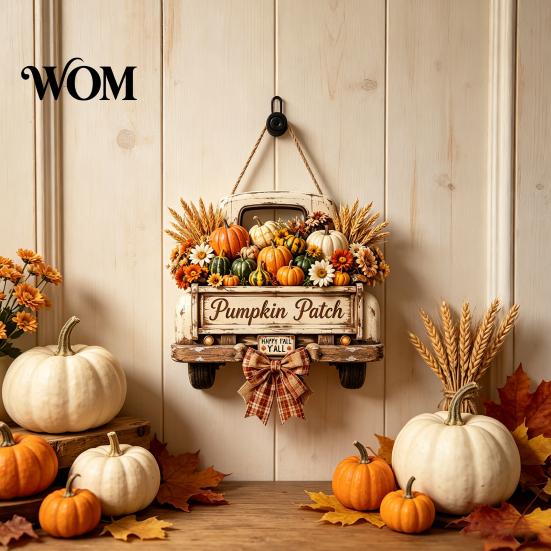 Retro Pickup Truck Decor for Home Harvest Pumpkin Hanging Sign Front Door, Wooden Fall Door with Decorative Holiday Wall Plaque Hemp Rope, Distressed