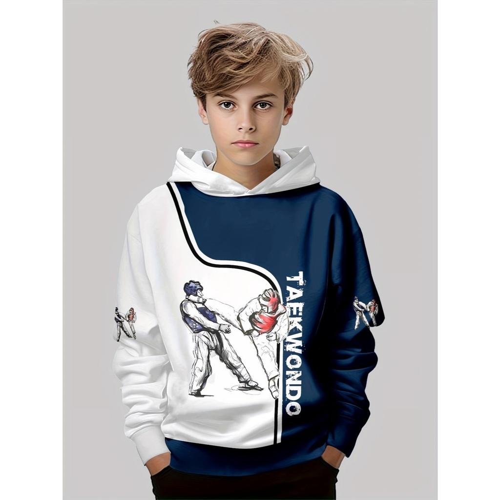 Boys' 3D Printed Casual Pullover Sweatshirt, Boys' Outdoor Taekwondo Casual Hoodie Top Hooded Sweatshirt