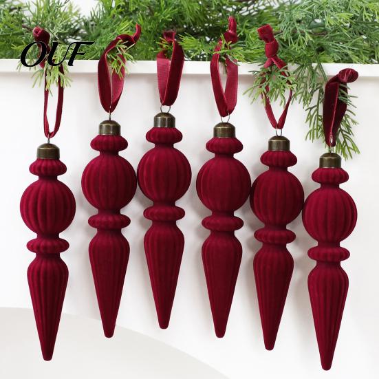 Burgundy Red Dark Green Brown Ornaments 6Pcs Christmas Flocked Pendant with Lanyard, Creative Tree Hanging, Non Shedding Retro Icicle Shape