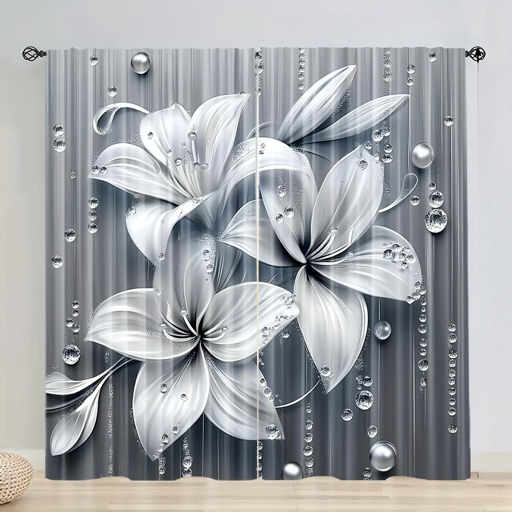 

Set Of 2 Gray Lily Polyester Curtains Living Room Bedroom Kitchen Party Decor Curtain With Rod Pocket Ideal For Area W100*H70(CM)-Grommet top&2PCS