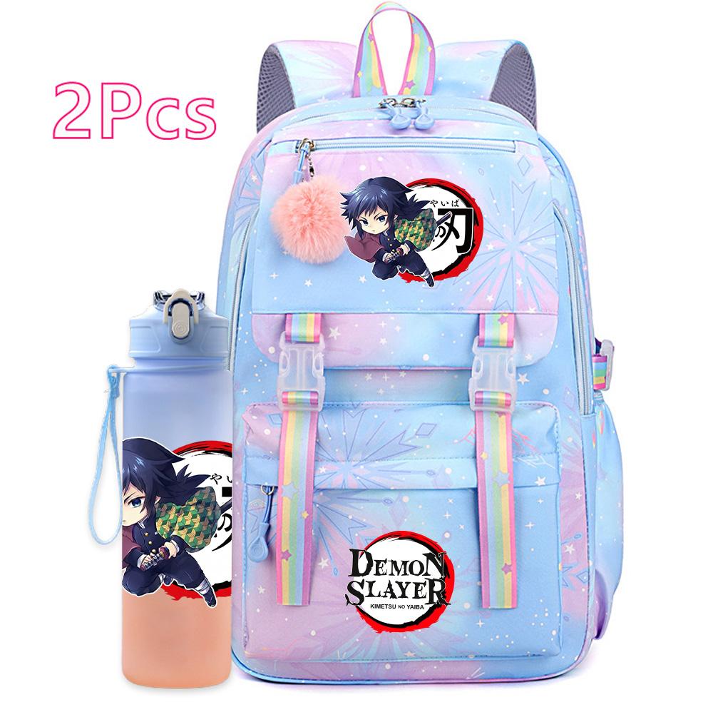 2Pcs/set Cute Demon Slayer Printed Backpack with 750Ml Water Bottler for Teenager Student Girl Boy Large Capacity Waterproof Bookbag Travel Bag Gift