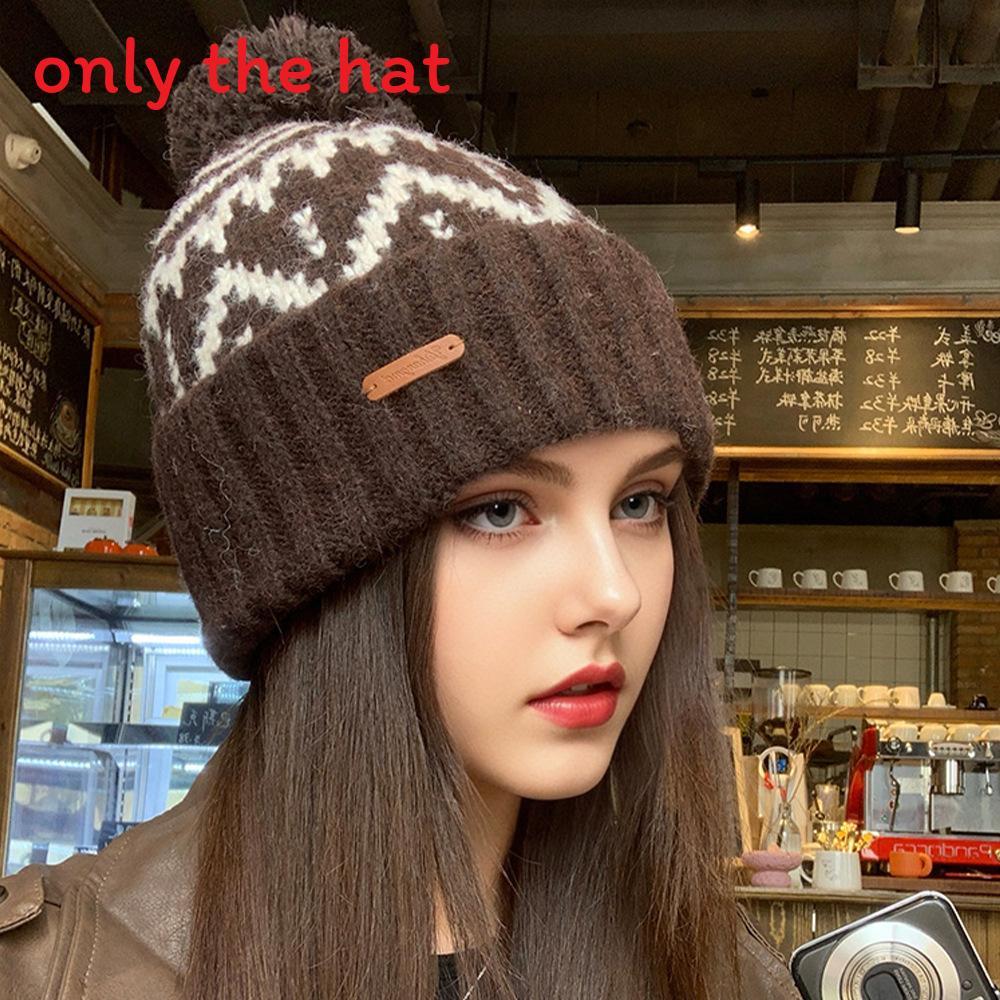 

Knitted Plush Christmas Hat For Women With Printed Design And Plush Ball Decor For Winter Season Coffee