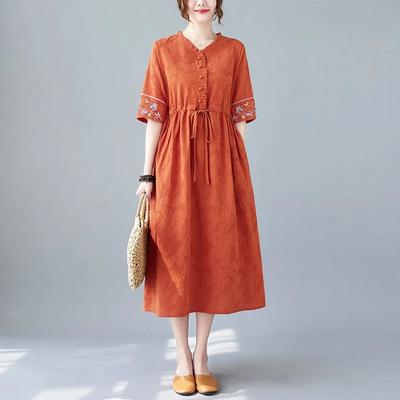 Summer Ethnic Style Cotton and Linen Dress Women's Waist Embroidered Mother Skirt Loose Temperament Linen Skirt