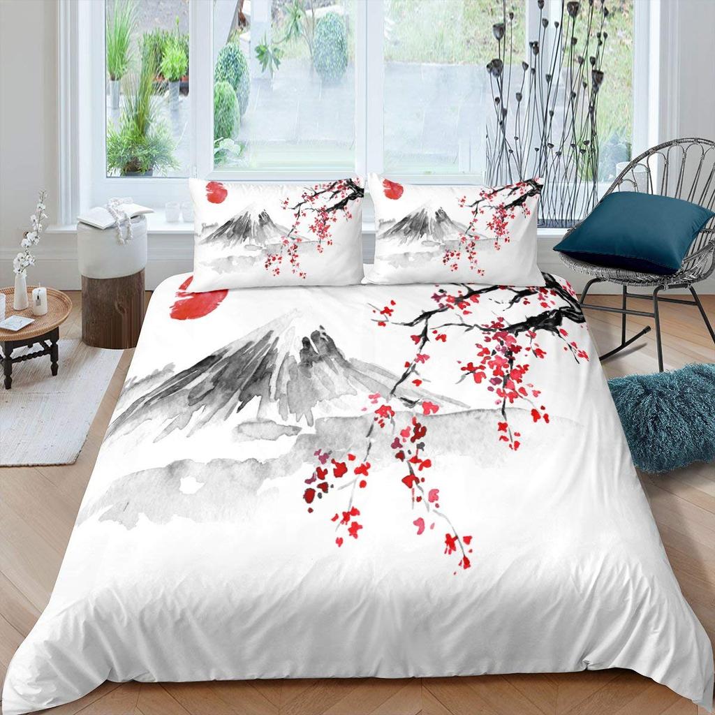 Japanese-Style Bedding Set for Kids Boys Girls Mount Fuji Comforter Cover Cherry Blossoms Duvet Cover Queen Size for Teens Adult