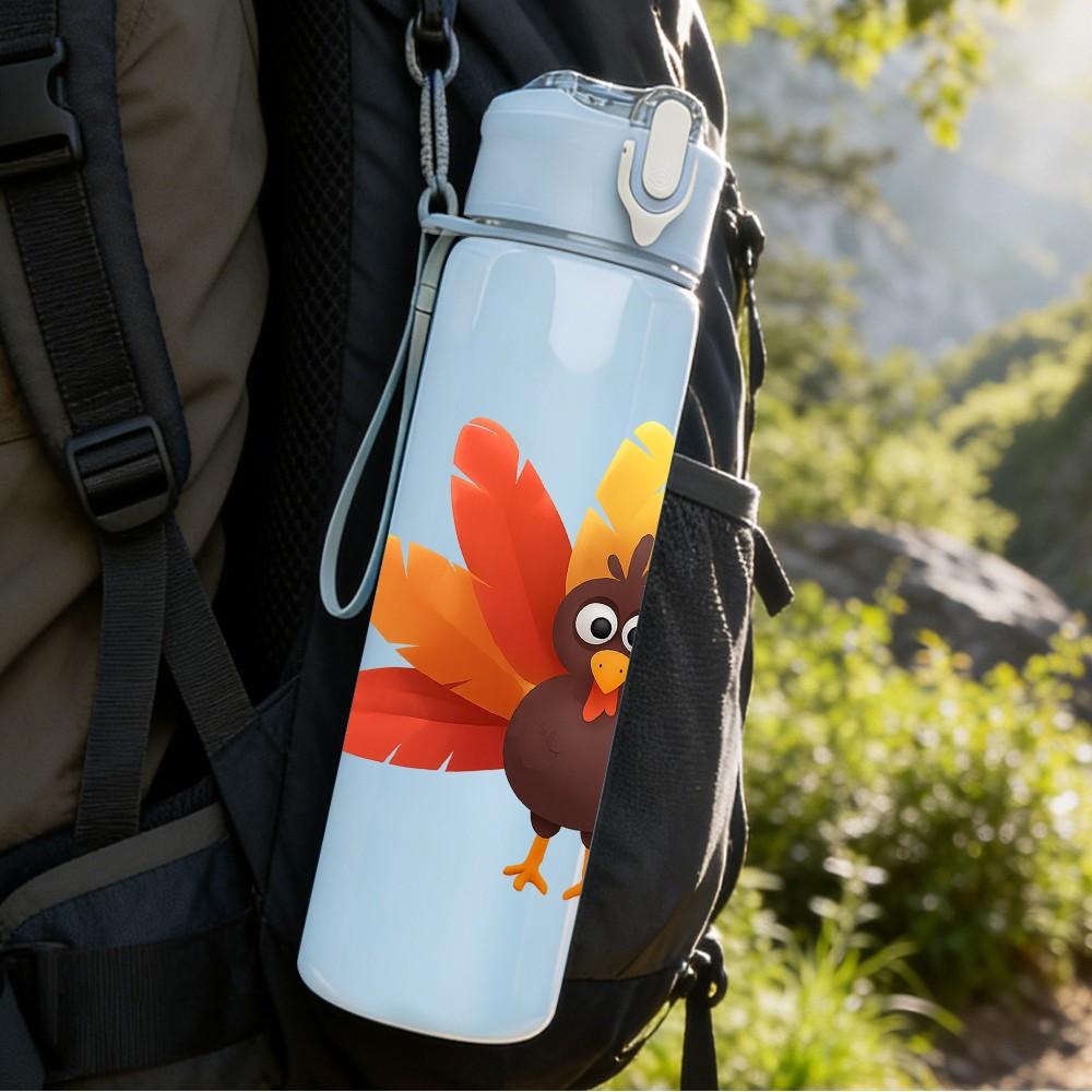 1PC Colorful Thanksgiving Turkey 750ml Color Plastic Sports Water Bottle Leakproof Flip Straw Lid Suitable for Sports Office Home Use