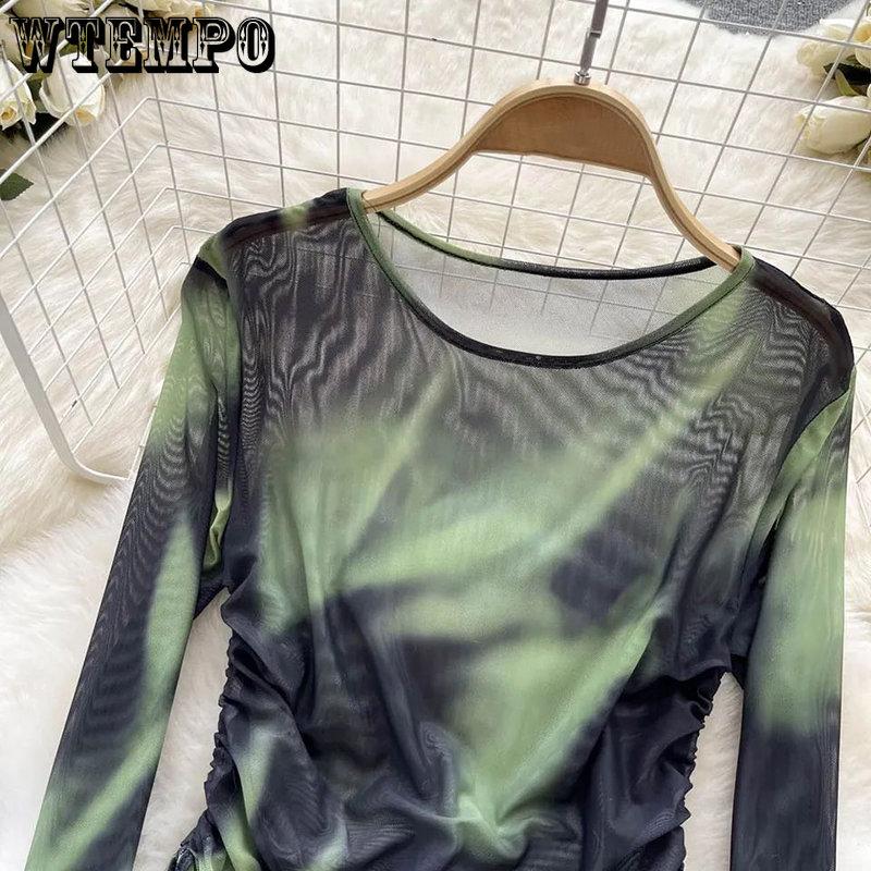 WTEMPO Schickes Tie Dye Print Mesh T-Shirt Damen Kordelzug Bandage Vintage Bodycon Tops Y2K Langarm T-Shirts Streetwear