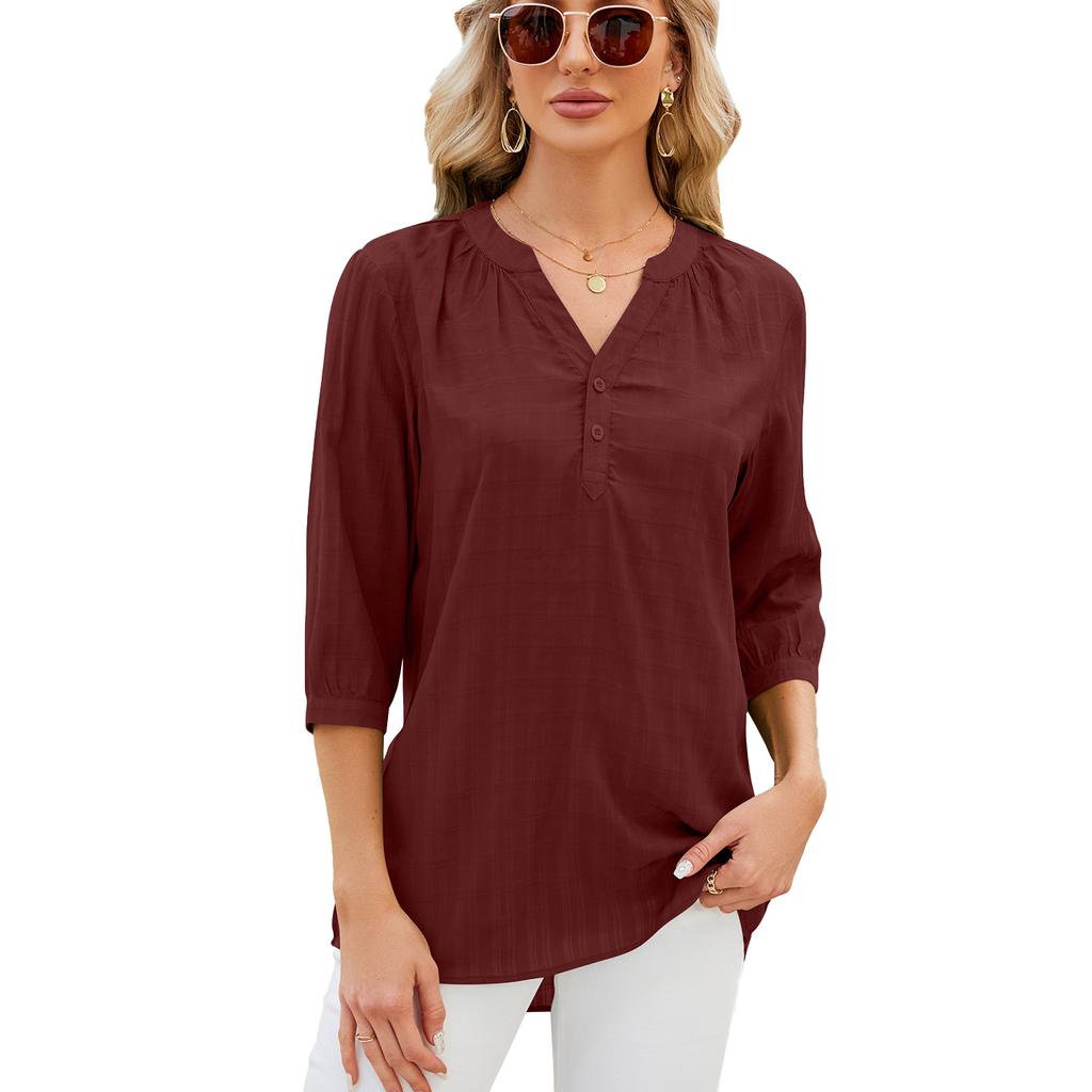 Spring and Summer Solid Colour Shirt V-neck Pullover Loose Top for Women