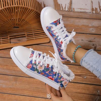 2024 Chaussures en toile florales pour femmes, baskets plates de grande taille, chaussures de sport à lacets pour femmes, chaussures vulcanisées décontractées