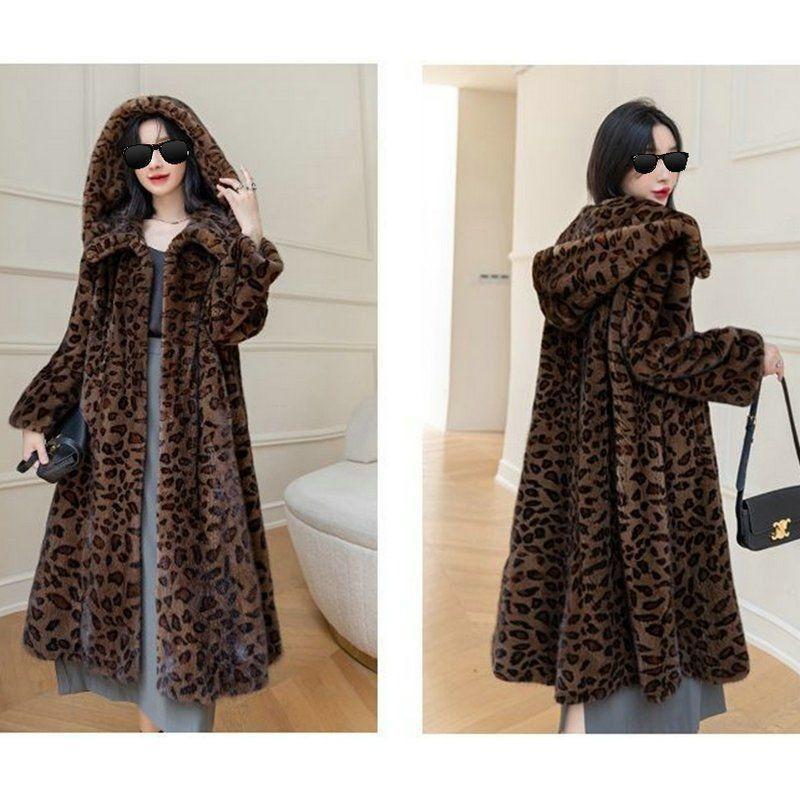 Leopard Print Plus Long Over-knee Imitation Mink Fleece Fur Coat Hooded Jacket Women's Autumn and Winter New