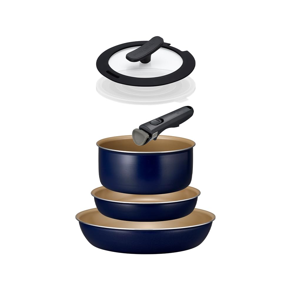 Evercook Fit Frying Pan Set, 6-Piece Set, Gas Stove Only, [500-Day Warranty], PFOA-Free, PFOS-Free, Detachable, Navy, evercook fit, Doshisha