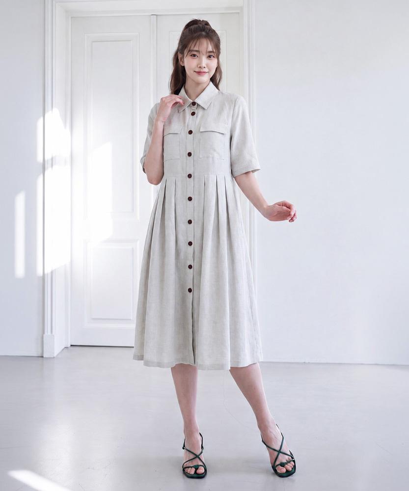 LBYL Beige Linen Wine Stitch Dress