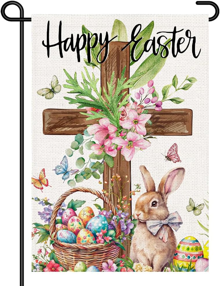 Happy Easter Garden ag 12x18 Inch Double Sided Small Yard Sign with Cross oral Bunny and Egg Basket, Christian Spring Ou GGO