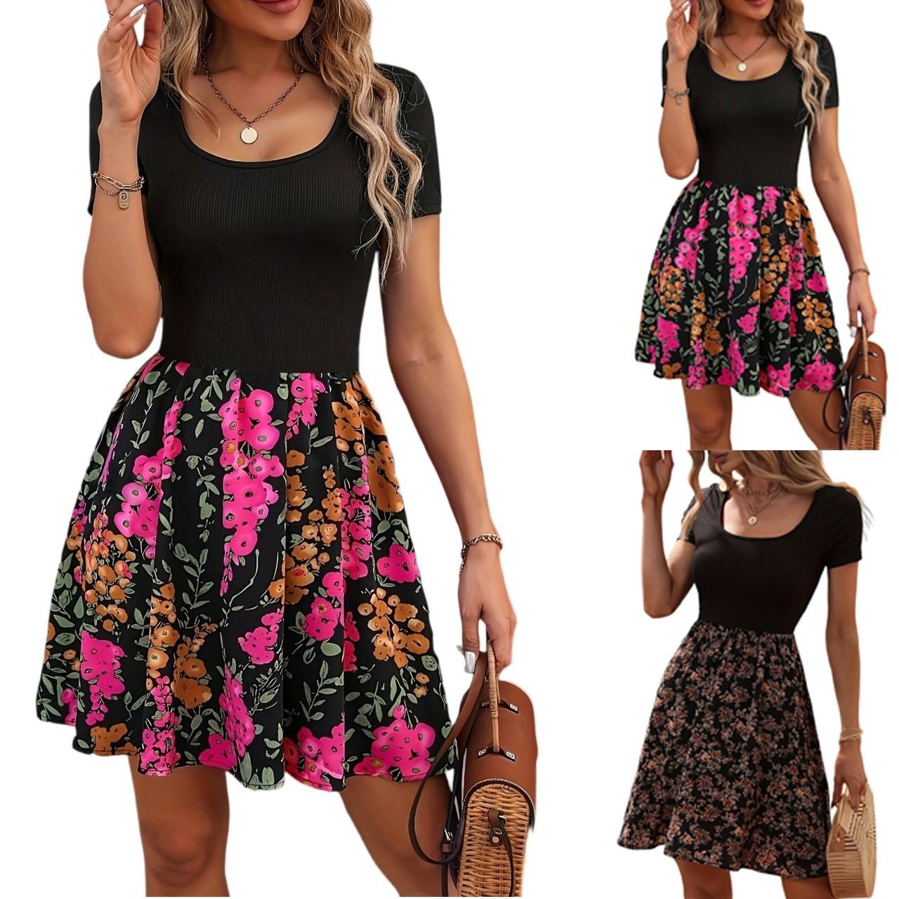 

Women s fashionable retro printed color blocked casual dress L чёрный