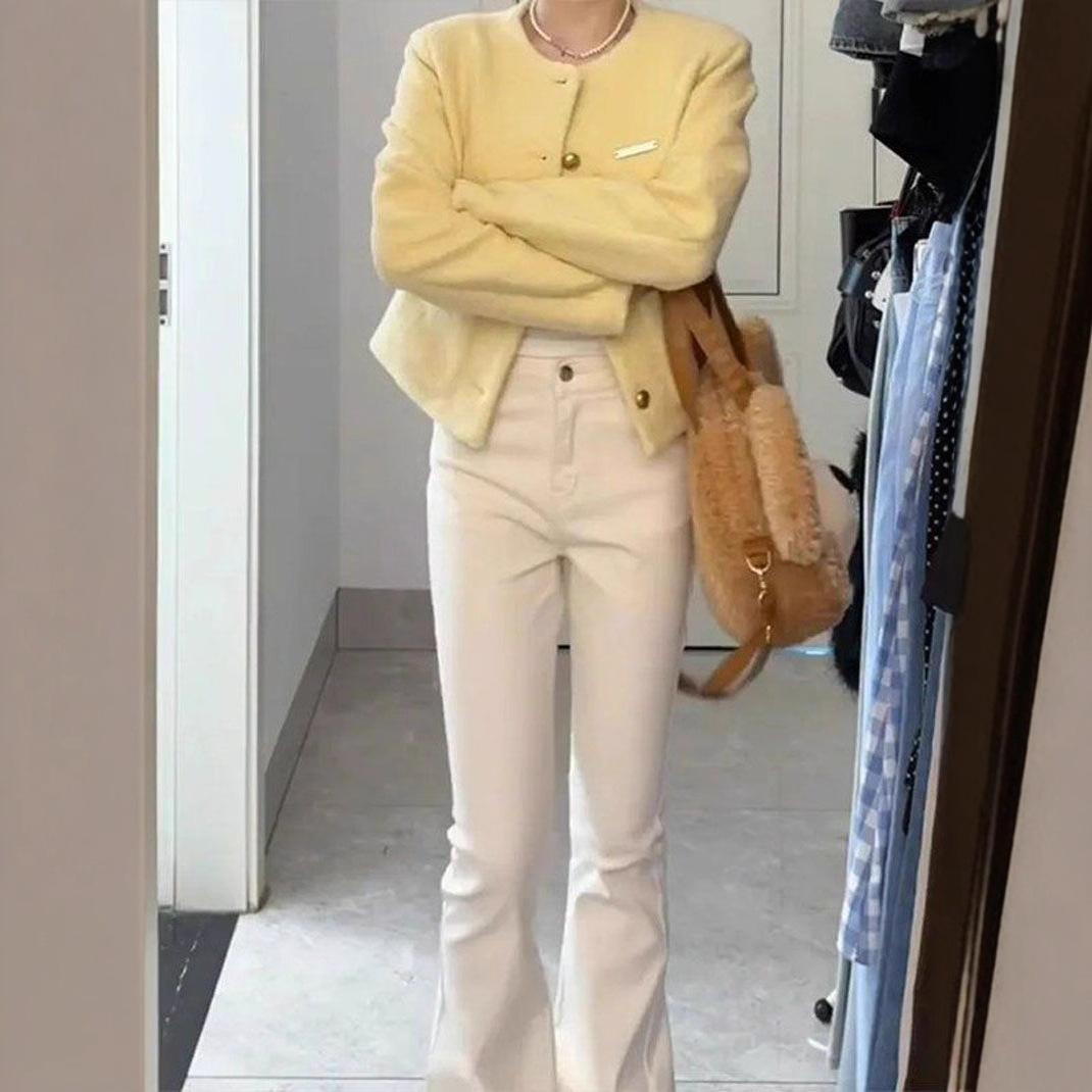 

Белые джинсы микроклеш с высокой посадкой в стиле колледжа женские весенне-осенние эластичные тонкие джинсы, волочащиеся по полу, брюки-подковы, ретро-джинсы для леди 4XL