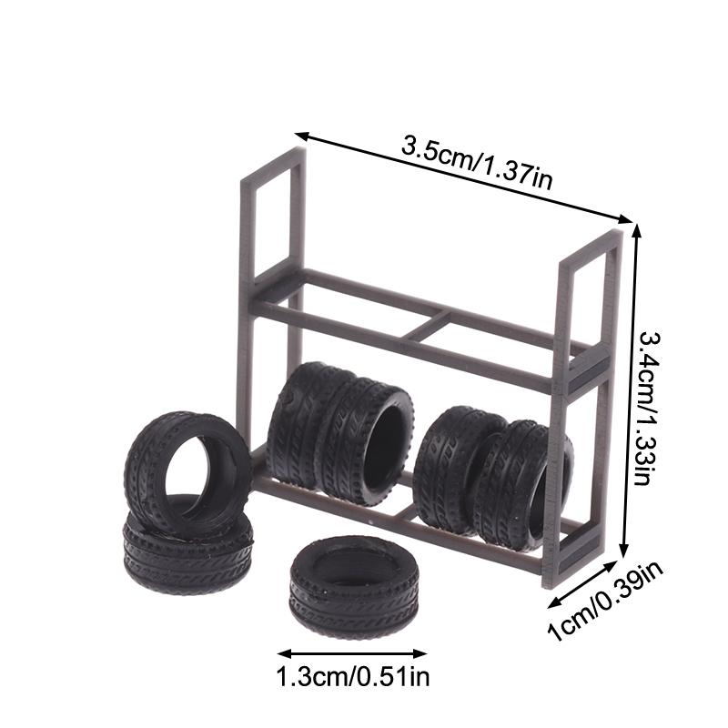 1:64 Scale Tire Rack Display Holder & 7Pcs Tires, Model Car Garage Scene Accessory, Repair Shop Tool Set, Miniature Prop