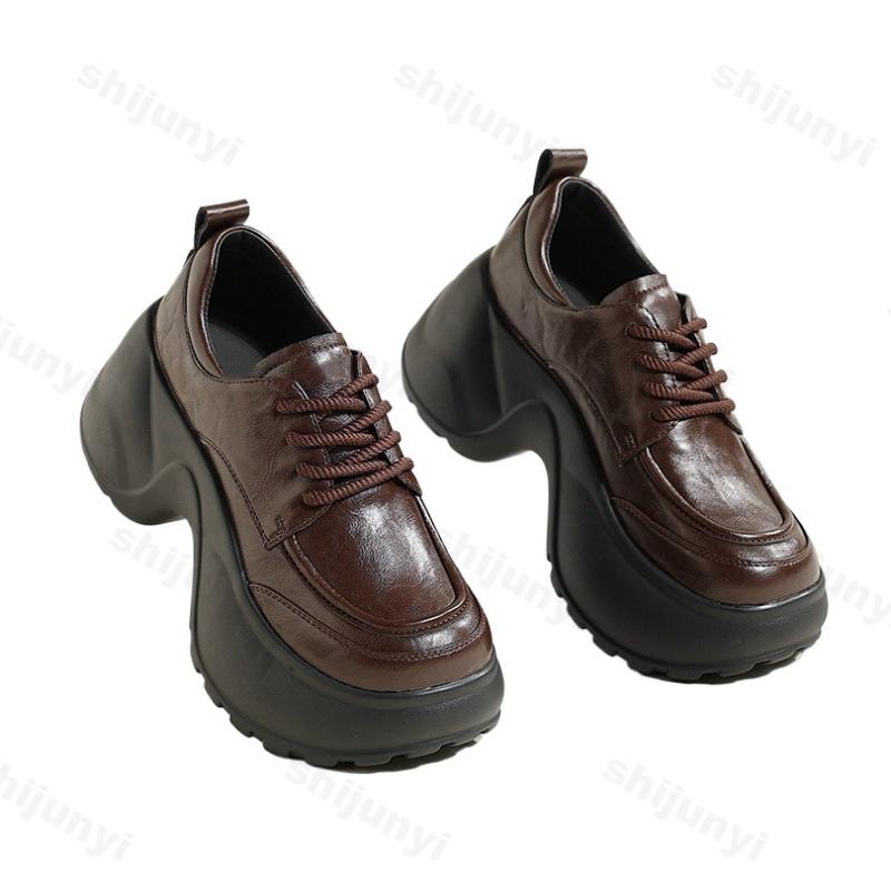 Mode Plateau Schwarze Lederschuhe Damen Herbst Neu Vintage Höhenerhöhung Schnürschuhe Einzelne Schuhe Mode Outdoor Rutschfest Freizeitschuhe