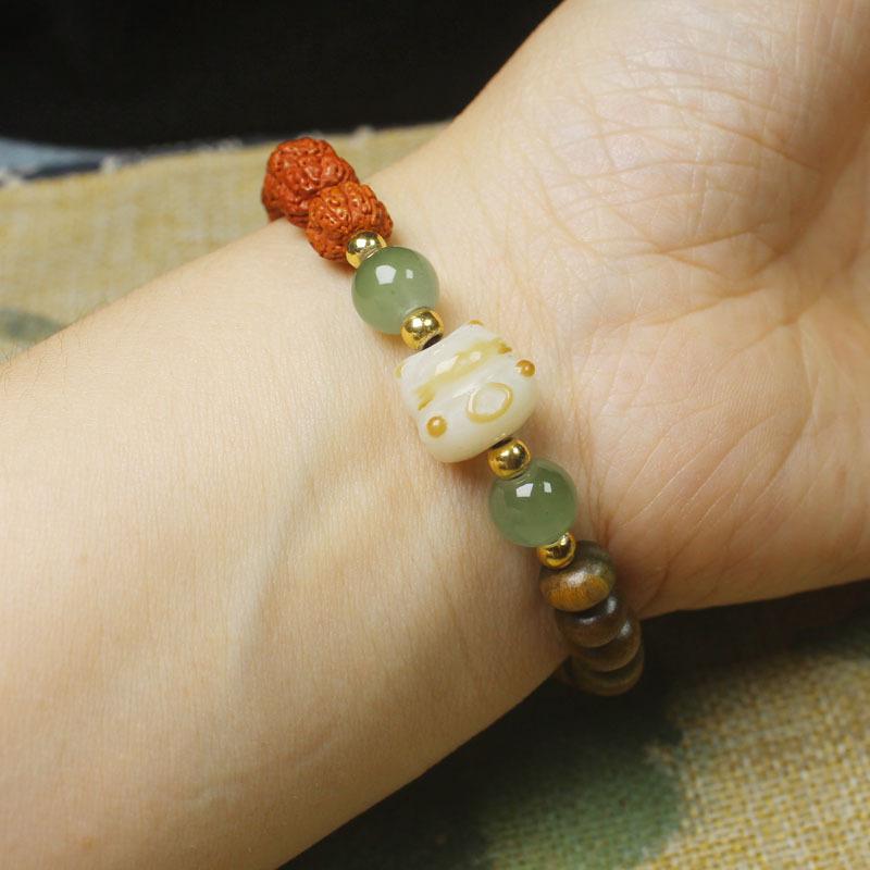 Green Sandalwood Abacus Beads & Rudraksha Bodhi Bracelet, Wooden Flower Chinese Style Mala for Men Women