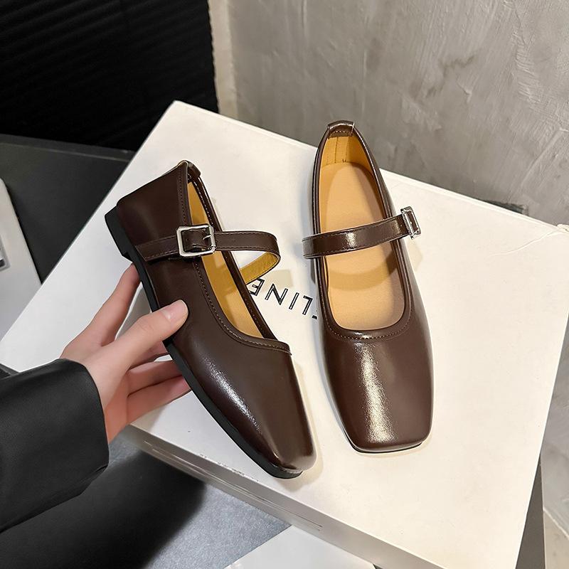 

Туфли Мэри Джейн на толстом каблуке 2025 весна и осень с мелким вырезом, квадратным носком, на низком каблуке, одинарные туфли, простые и универсальные, удобная обувь 42