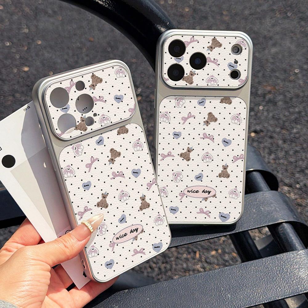 Ins Polka Dot Apricot Bear Is Suitable for Apple 17 Mobile Phone Case iPhone15promax All-inclusive 16 Leather Pattern Anti-drop.