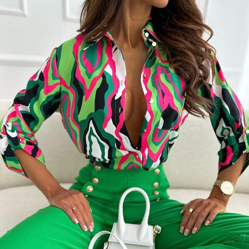 2023 Fashion Spring Autumn Long Sleeve Print Shirt Women Blouses Turn Down Collar Office Lady Loose Clothes Blusas 26345